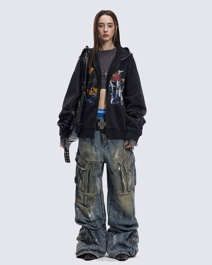 American Hip-hop Print Loose Zip-up Hoodie