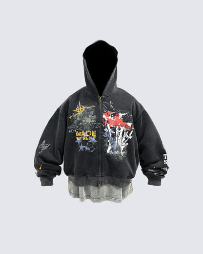 American Hip-hop Print Loose Zip-up Hoodie
