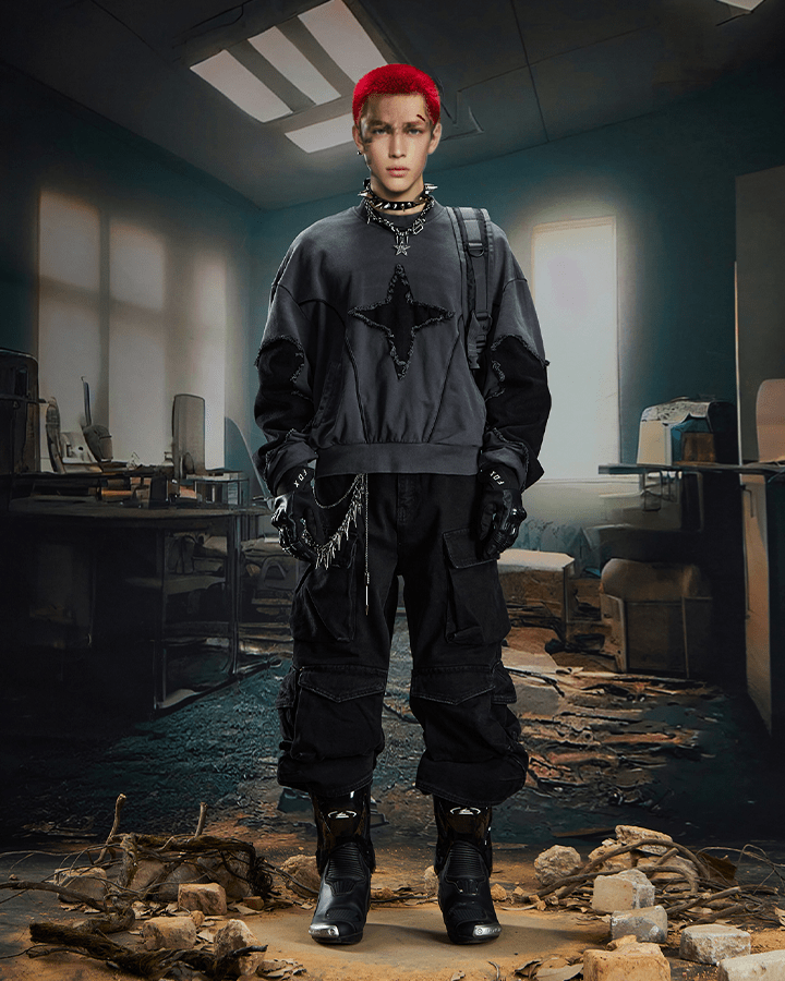 Distressed Star Patchwork Oversized Sweatshirt