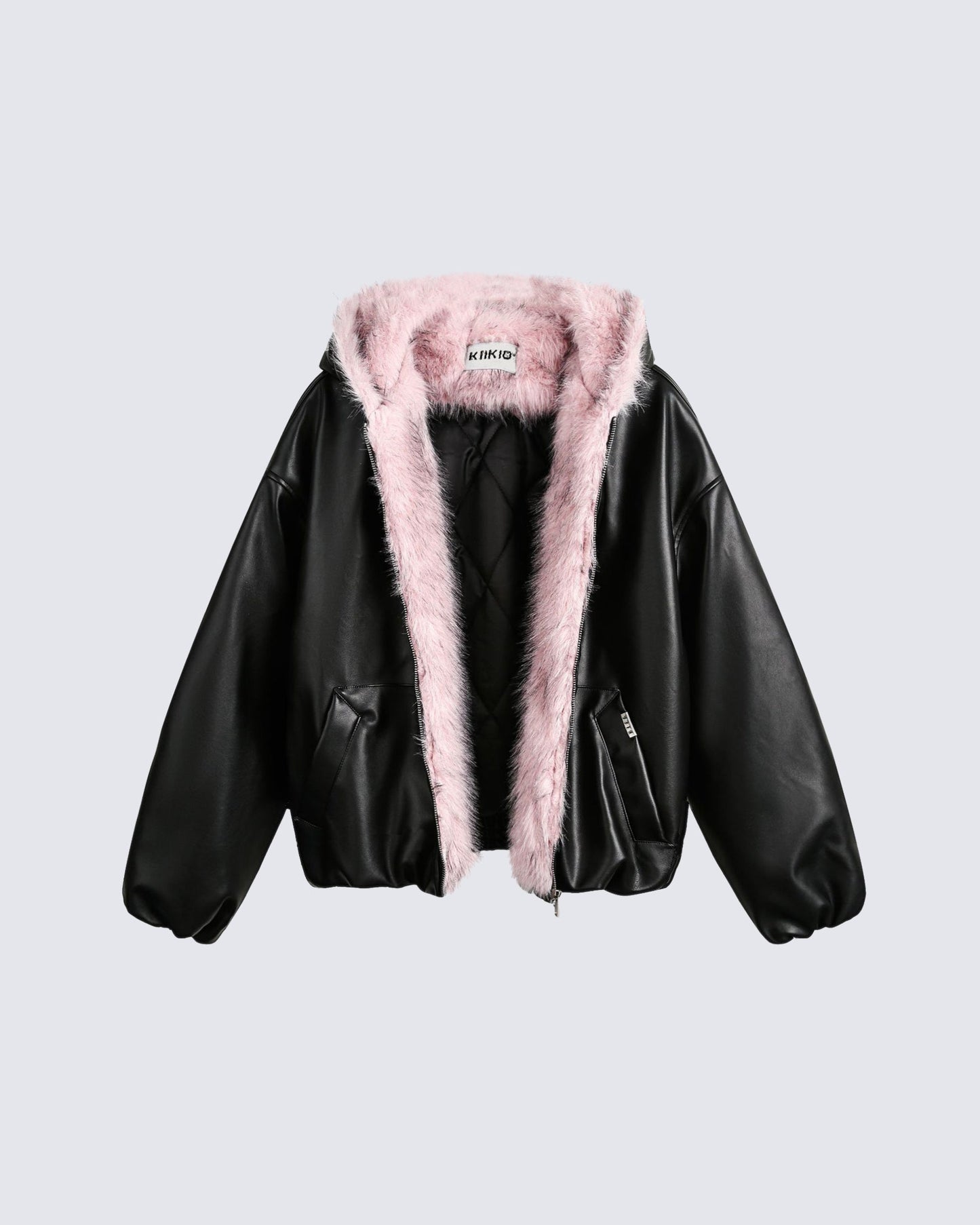 PU Leather Fur Collar Hooded Jacket