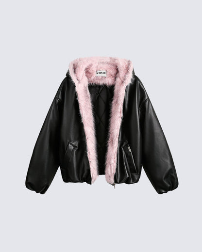 PU Leather Fur Collar Hooded Jacket