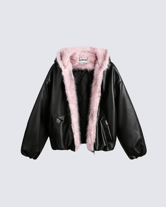 PU Leather Fur Collar Hooded Jacket
