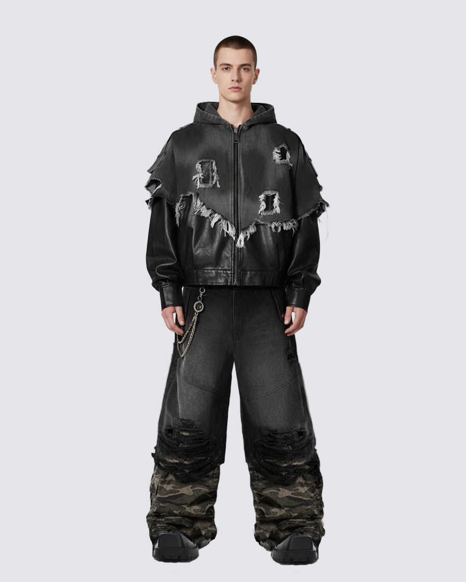 Double-Waist Camo Patchwork Distressed Wide-Leg Pants