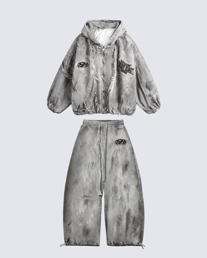 Distressed Dirty Curved-Cut Drawstring Sweatpants