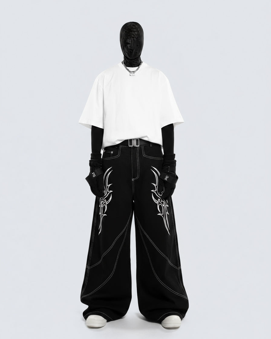 Rebellious Threads—Bold Black Denim Pants