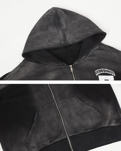 Vintage Loose Fit Washed Distressed Zip-Up Hoodie