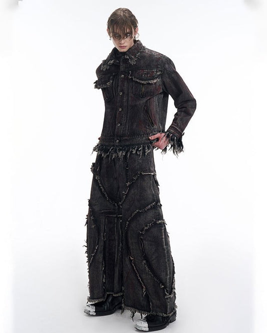 KIIKIO Distressed Black Denim Wide-Leg Pants with Frayed Details