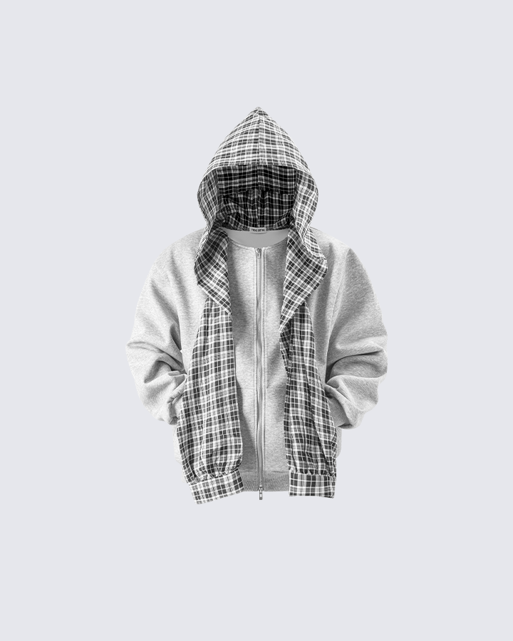 Plaid-Lined Dual-Wear Zip Hoodie