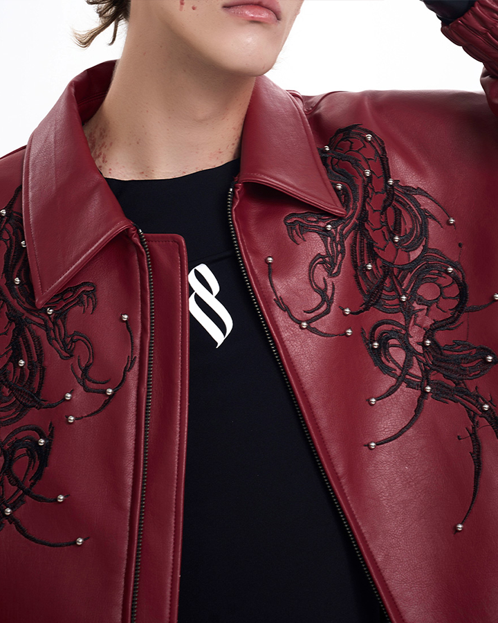 Embroidered Faux Leather Moto Jacket