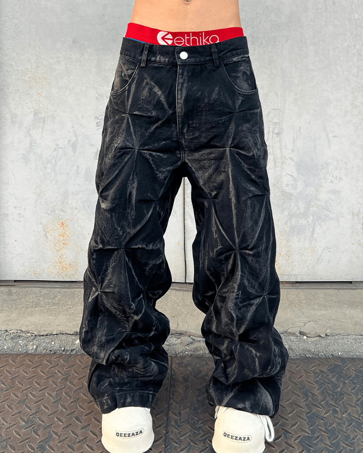 Crinkled Denim Cargo Pants