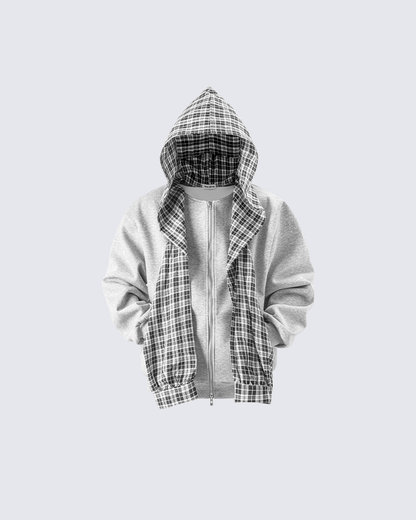 Plaid-Lined Dual-Wear Zip Hoodie