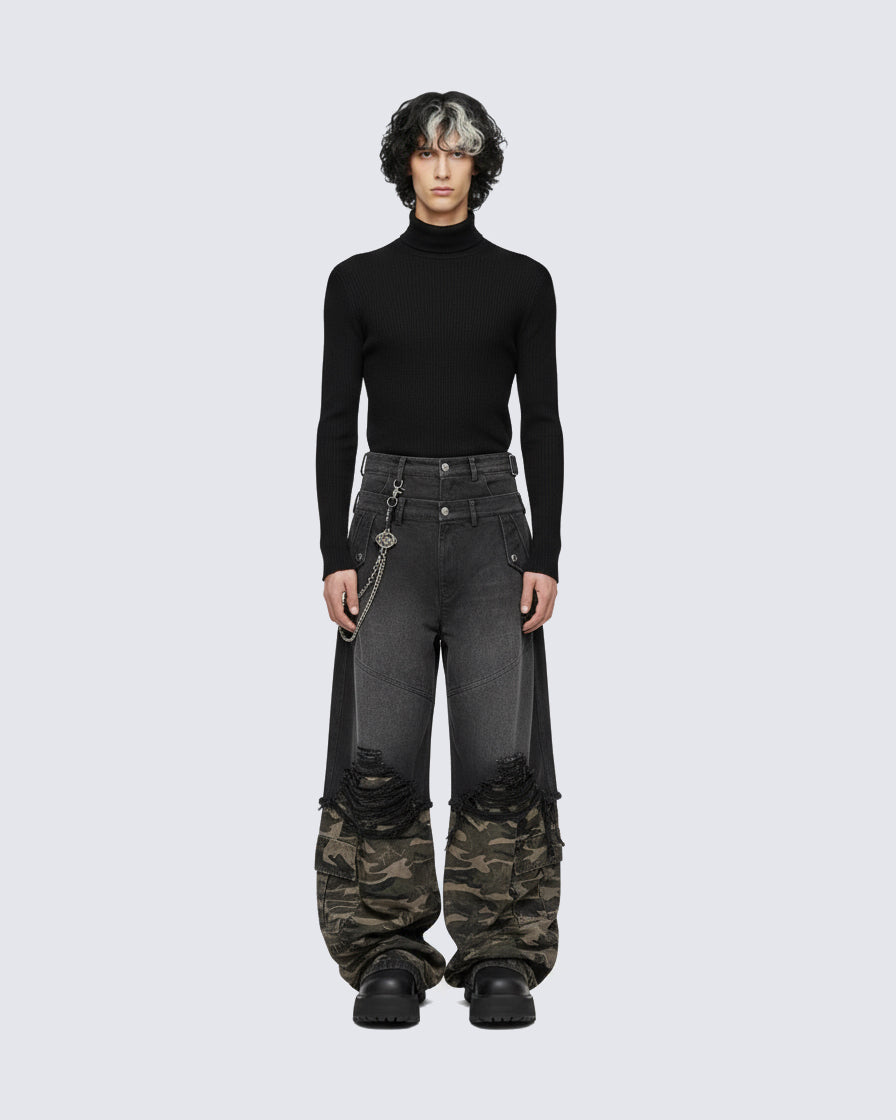 Double-Waist Camo Patchwork Distressed Wide-Leg Pants