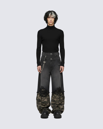 Double-Waist Camo Patchwork Distressed Wide-Leg Pants