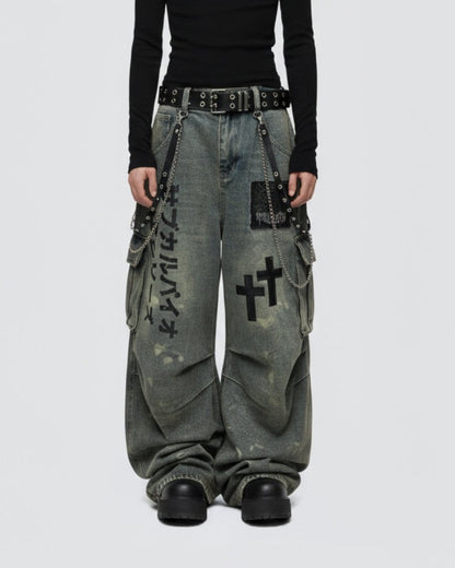 Dark Graffiti Patchwork Cargo Jeans（Free Belt and Chain Included）