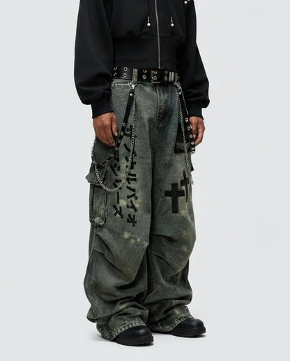 Dark Graffiti Patchwork Cargo Jeans（Free Belt and Chain Included）