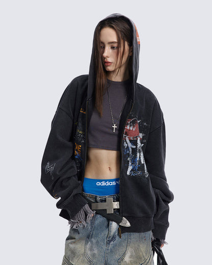 American Hip-hop Print Loose Zip-up Hoodie