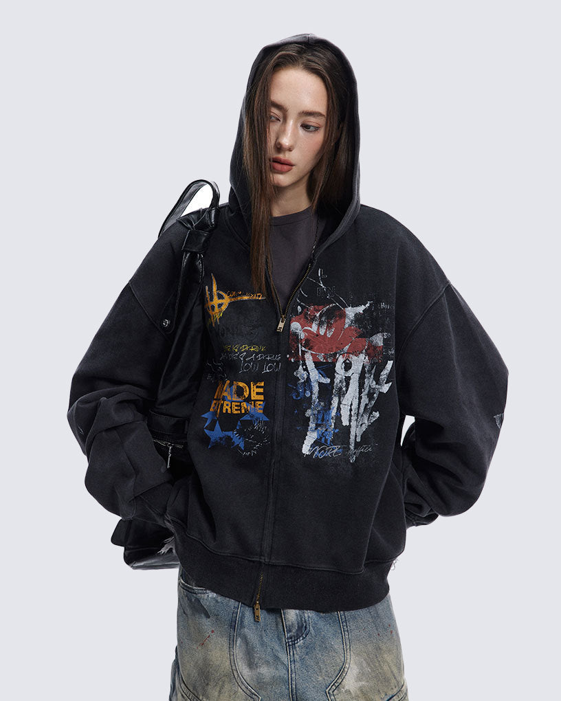 American Hip-hop Print Loose Zip-up Hoodie