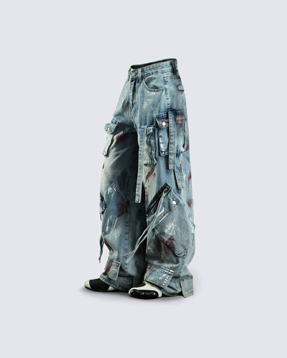 Deconstructed Graffiti Strap Cargo Jeans