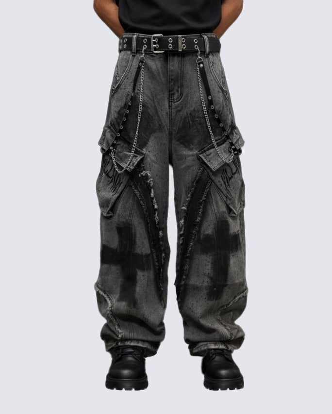 Paint-Splattered Distressed Wide-Leg Jeans