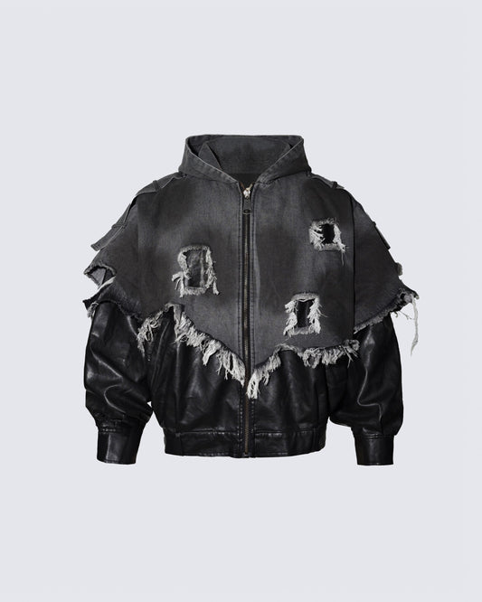 Deconstructed Layered Distressed Leather Jacket