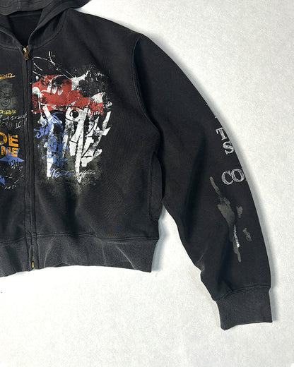 American Hip-hop Print Loose Zip-up Hoodie