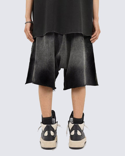 Distressed Black Drop-Crotch Shorts with Drawstring Waist