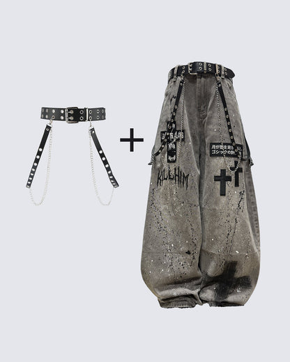 Distressed Paint-Splatter Patchwork Wide Jeans