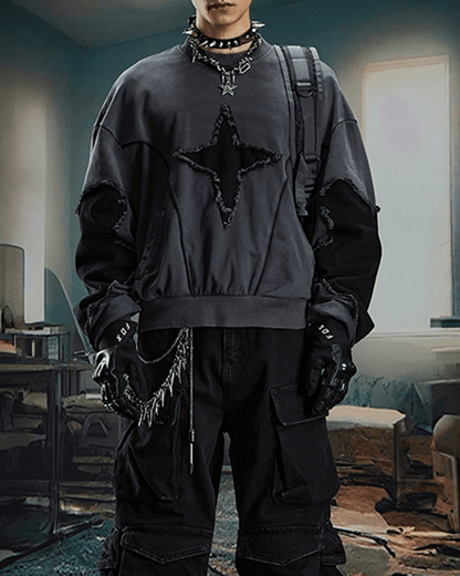 Distressed Star Patchwork Oversized Sweatshirt