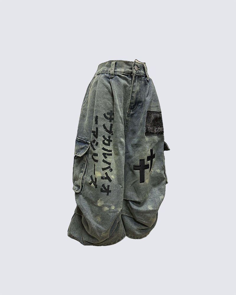 Gothic Washed Denim Shorts with Chains