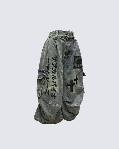 Gothic Washed Denim Shorts with Chains