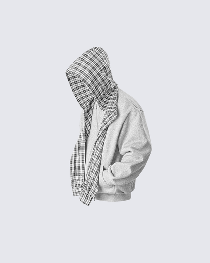 Plaid-Lined Dual-Wear Zip Hoodie