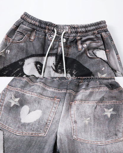 American High-Street Hand-Drawn Cat Print Scimitar Pants
