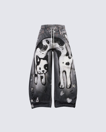 American High-Street Hand-Drawn Cat Print Scimitar Pants