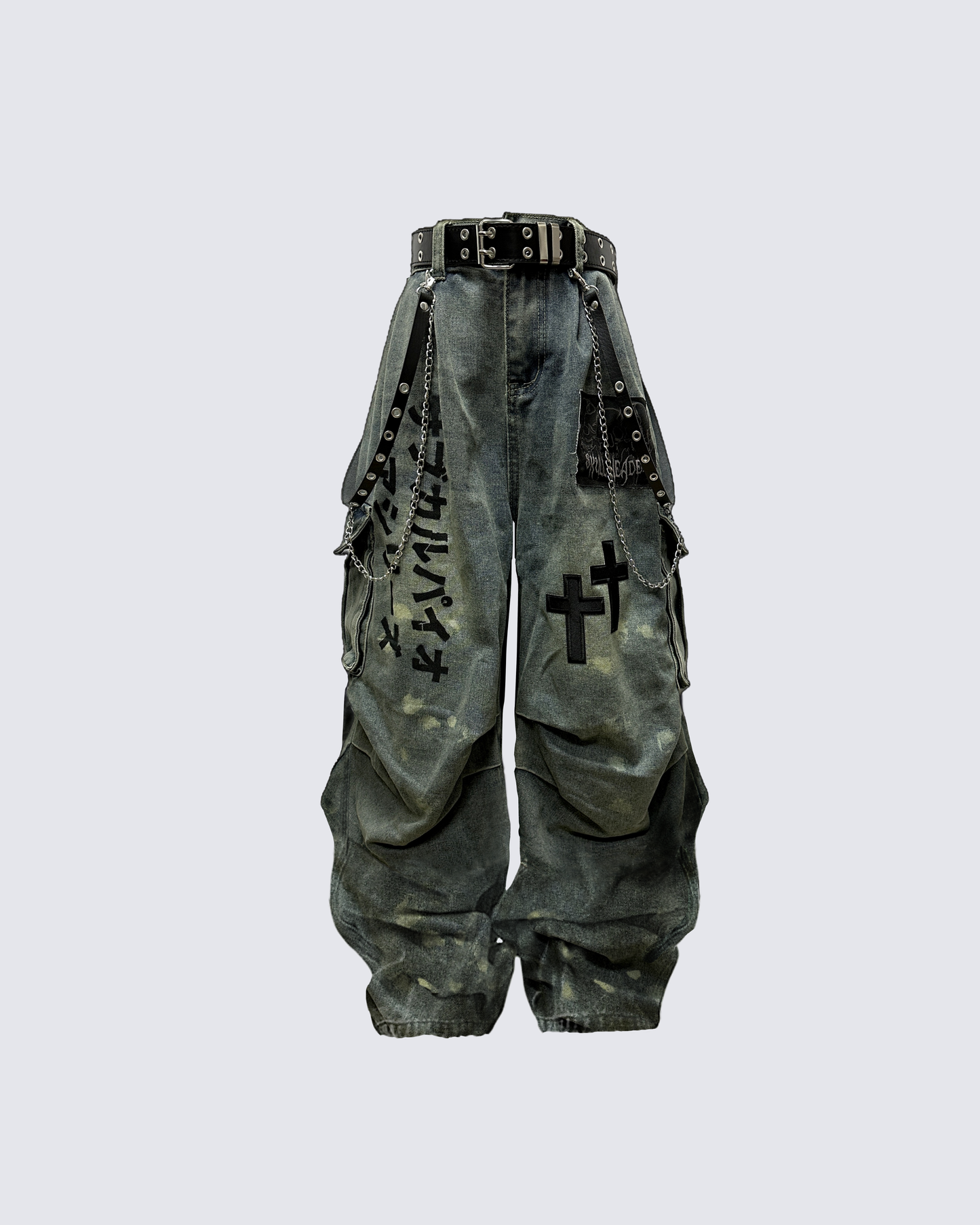 Dark Graffiti Patchwork Cargo Jeans（Free Belt and Chain Included）