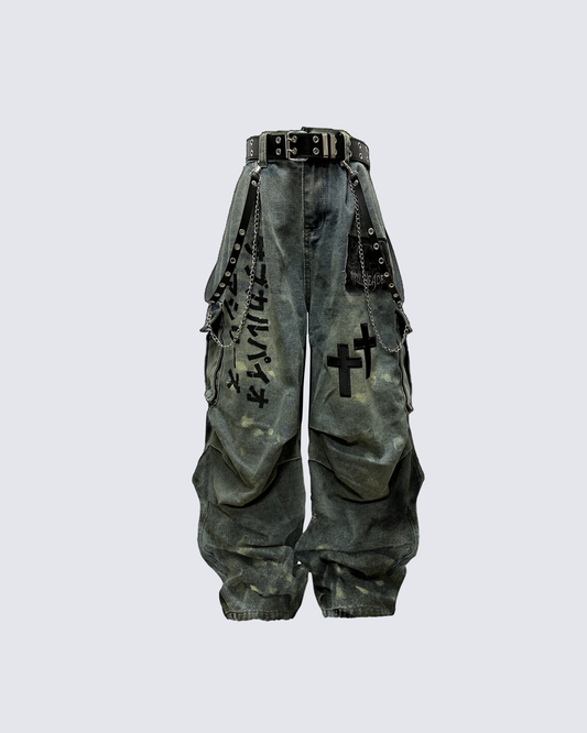 Dark Graffiti Patchwork Cargo Jeans（Free Belt and Chain Included）