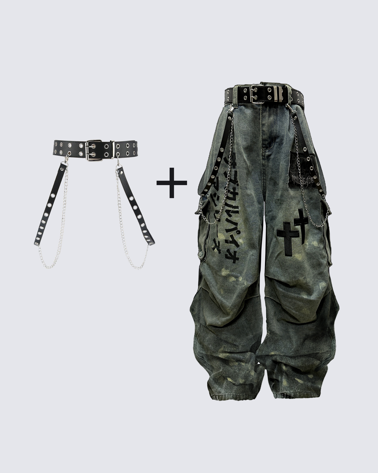 Dark Graffiti Patchwork Cargo Jeans（Free Belt and Chain Included）