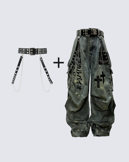 Dark Graffiti Patchwork Cargo Jeans（Free Belt and Chain Included）