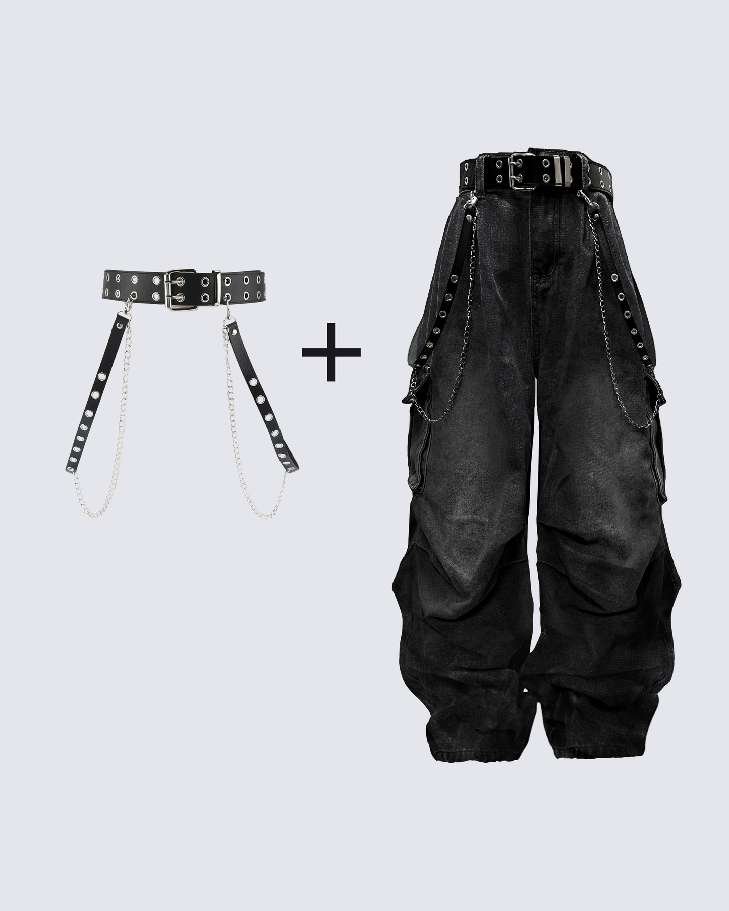 Washed Pocket Cargo Pants（Free Belt and Chain Included）