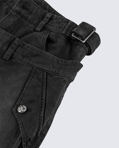 Double-Waist Camo Patchwork Distressed Wide-Leg Pants