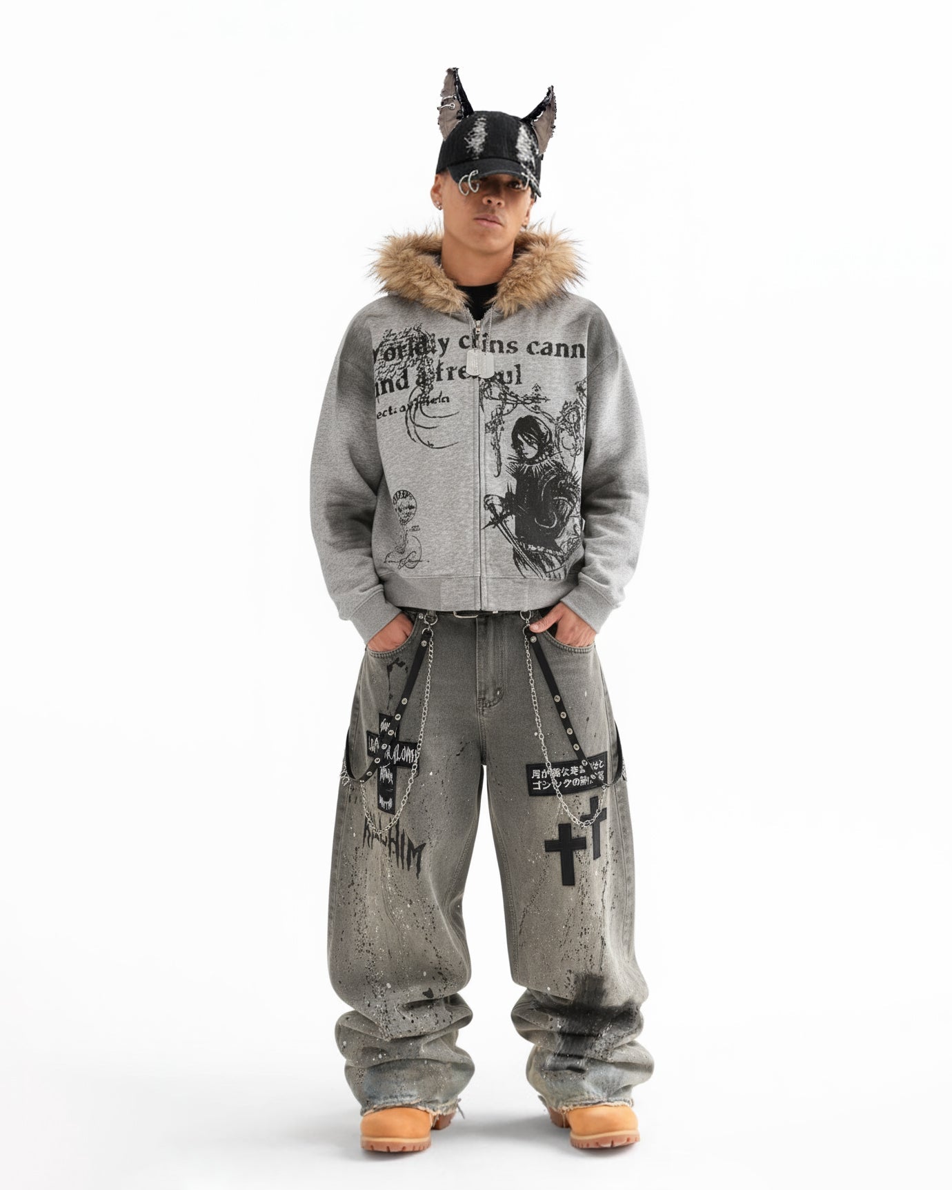 Distressed Paint-Splatter Patchwork Wide Jeans