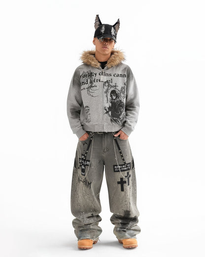 Distressed Paint-Splatter Patchwork Wide Jeans