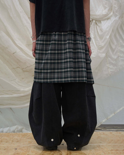 Detachable Plaid Layer Wide-Leg Pants