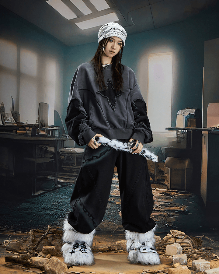 Distressed Star Patchwork Oversized Sweatshirt