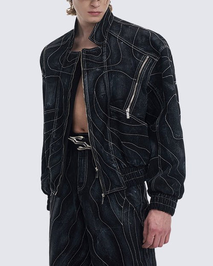 Futuristic Black Denim Bomber Jacket