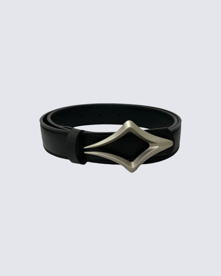 Minimalist Black Leather Belt with Geometric Silver Buckle
