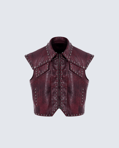Burgundy Studded Leather Vest