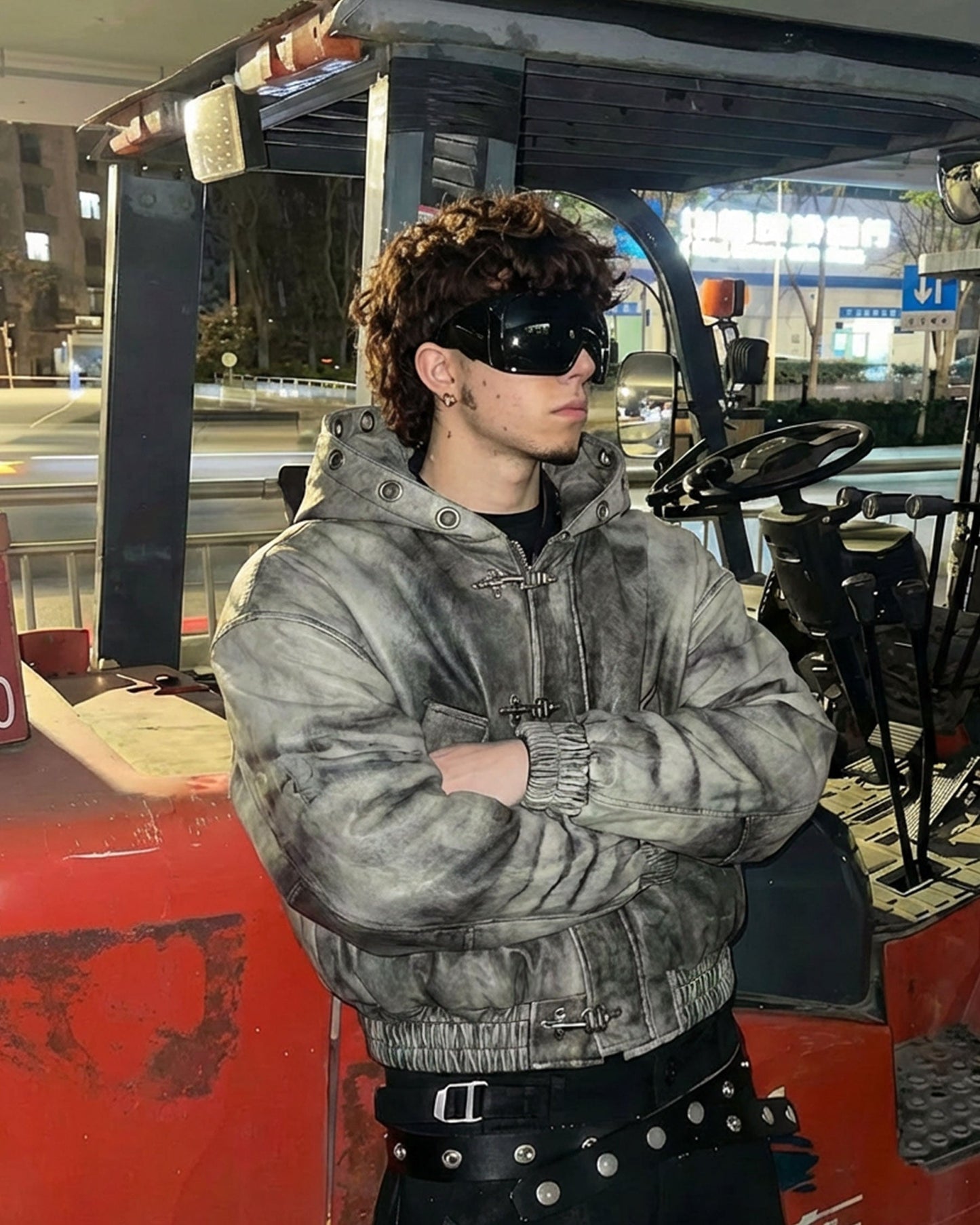 PUNK STREET DISTRICT-Vintage Washed Hooded Utility Jacket