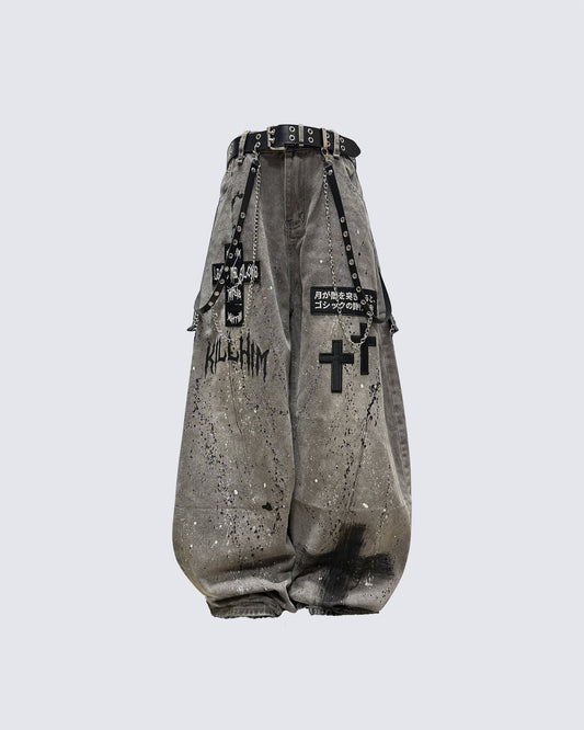 Distressed Paint-Splatter Patchwork Wide Jeans