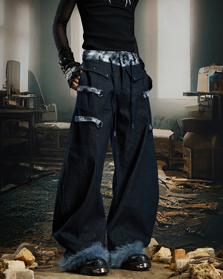 American Retro Plaid Patchwork Denim Pants