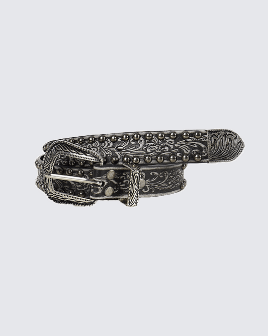 Baroque Engraved Studded Leather Belt